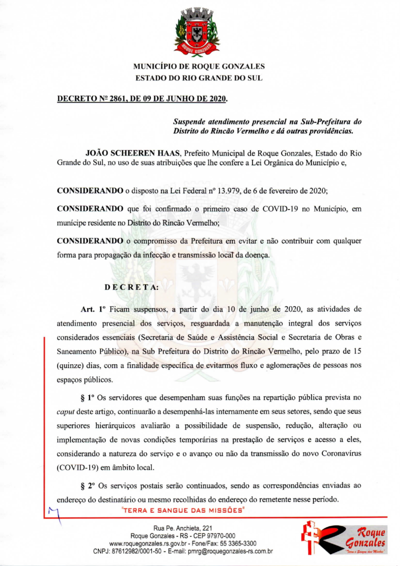 ADMINISTRAÇÃO MUNICIPAL PUBLICA DECRETO SUSPENDENDO ATENDIMENTO NA SUBPREFEITURA DO DISTRITO DO RINCÃO VERMELHO